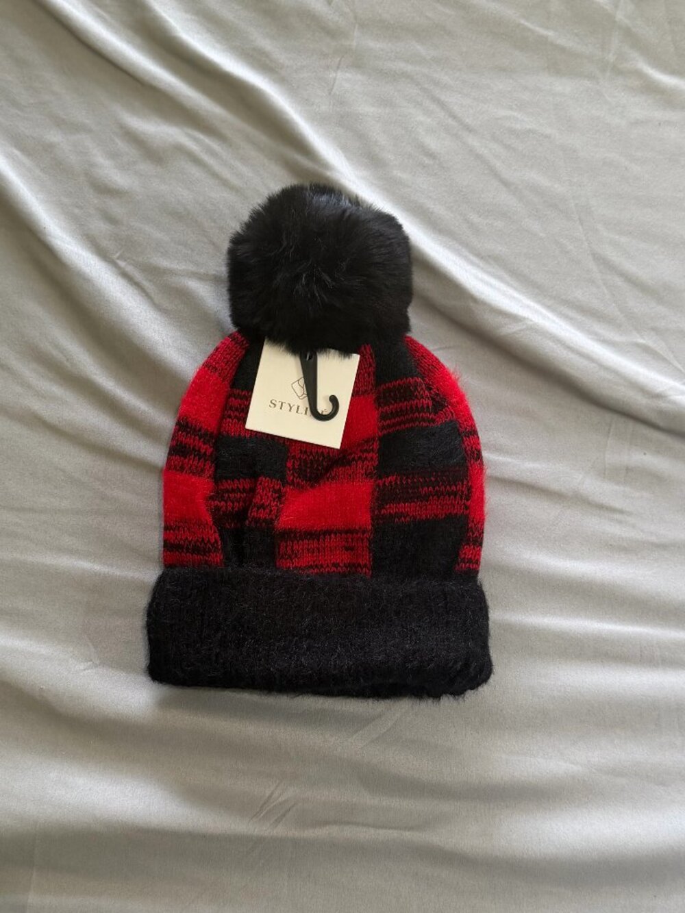 Styline Buffalo Plaid Red & Black Pompom Fur Lined Winter Hat One Size New W/Tag